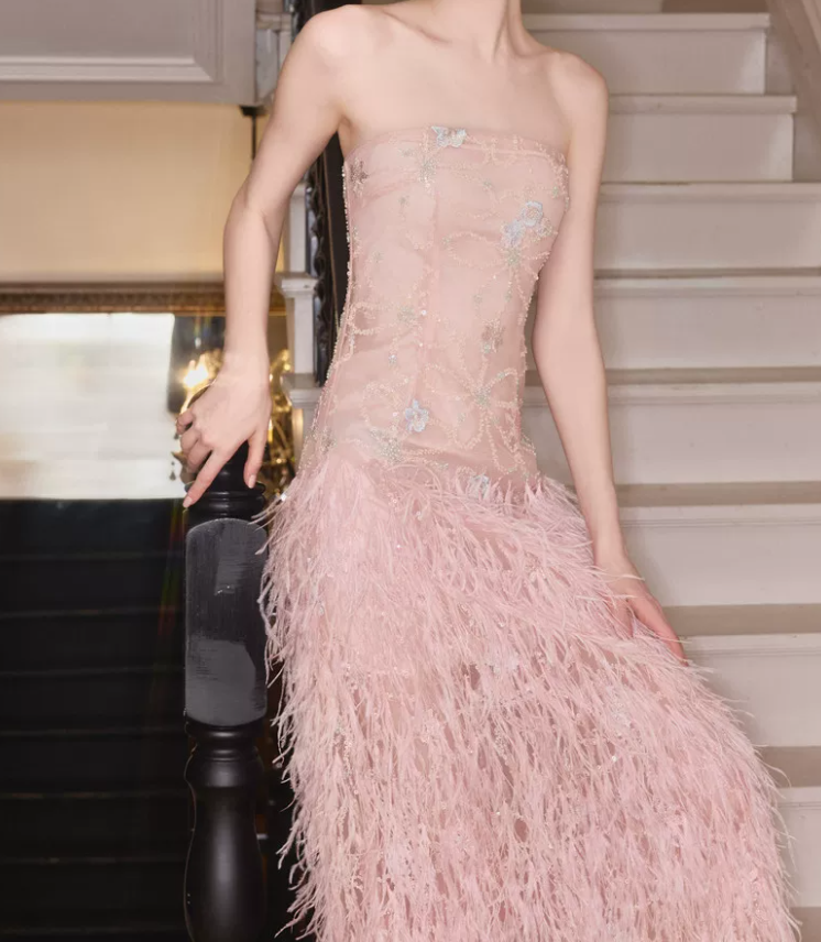 Glittering Strapless Pink Prom Dress Sequins Feather A-Line Evening Dress C9111