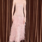Glittering Strapless Pink Prom Dress Sequins Feather A-Line Evening Dress C9111