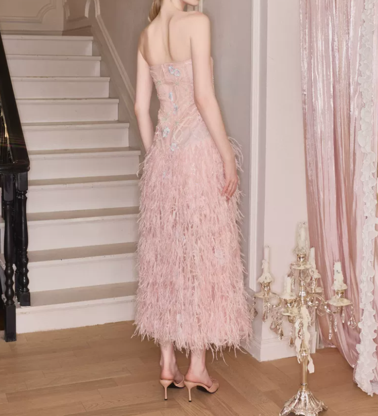 Glittering Strapless Pink Prom Dress Sequins Feather A-Line Evening Dress C9111