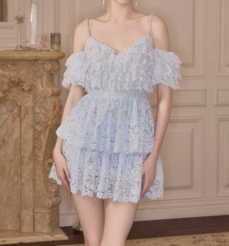 Cute Off-Shoulder Homecoming Dress Blue Ruffled Lace A-Line Party Dress C9112