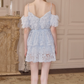 Cute Off-Shoulder Homecoming Dress Blue Ruffled Lace A-Line Party Dress C9112