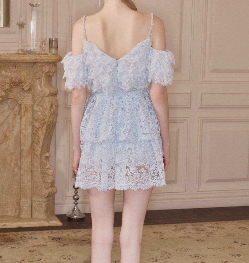 Cute Off-Shoulder Homecoming Dress Blue Ruffled Lace A-Line Party Dress C9112