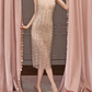 Chic V Neck Prom Dress Beige Crystals Sheath Evening Dress C9113