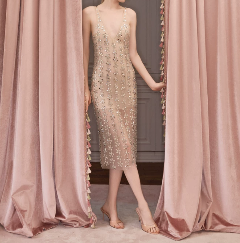 Chic V Neck Prom Dress Beige Crystals Sheath Evening Dress C9113