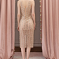 Chic V Neck Prom Dress Beige Crystals Sheath Evening Dress C9113