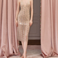 Chic V Neck Prom Dress Beige Crystals Sheath Evening Dress C9113