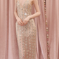 Chic V Neck Prom Dress Beige Crystals Sheath Evening Dress C9113
