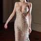 Chic V Neck Prom Dress Beige Crystals Sheath Evening Dress C9113