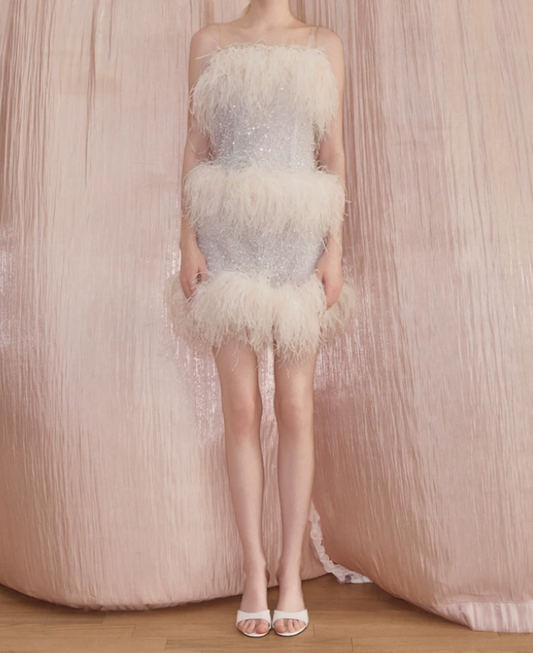 Chic Strapless White Homecoming Dress Sequins Feather Sheath Party Dress C9114