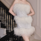 Chic Strapless White Homecoming Dress Sequins Feather Sheath Party Dress C9114