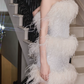 Chic Strapless White Homecoming Dress Sequins Feather Sheath Party Dress C9114
