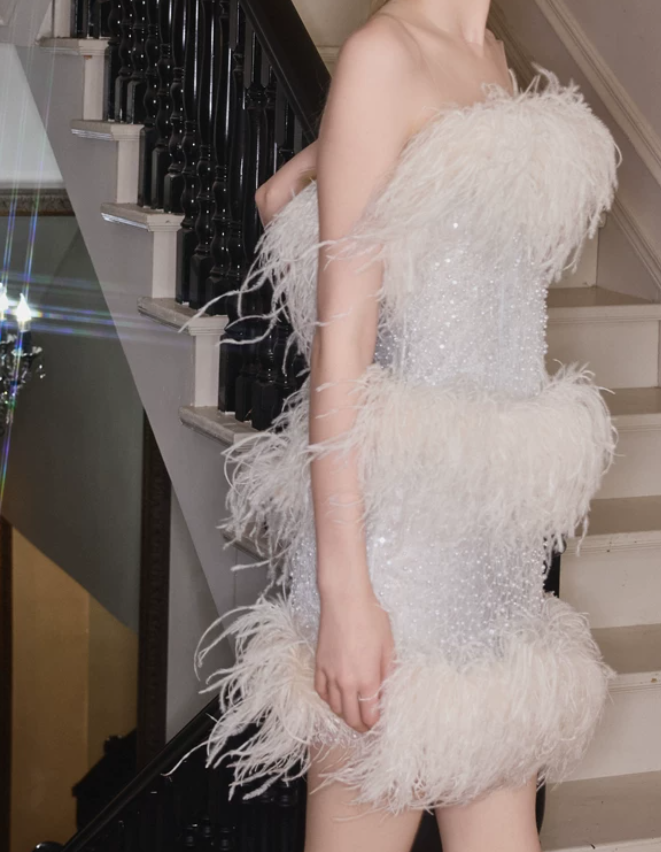 Chic Strapless White Homecoming Dress Sequins Feather Sheath Party Dress C9114