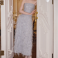 Trendy Strapless Blue Prom Dress Sequins Feathers A-Line Evening Dress C9115