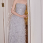 Trendy Strapless Blue Prom Dress Sequins Feathers A-Line Evening Dress C9115