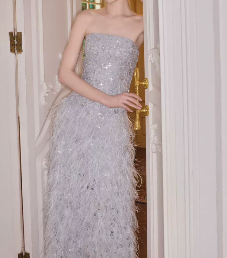 Trendy Strapless Blue Prom Dress Sequins Feathers A-Line Evening Dress C9115