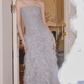 Trendy Strapless Blue Prom Dress Sequins Feathers A-Line Evening Dress C9115