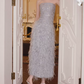 Trendy Strapless Blue Prom Dress Sequins Feathers A-Line Evening Dress C9115