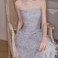 Trendy Strapless Blue Prom Dress Sequins Feathers A-Line Evening Dress C9115