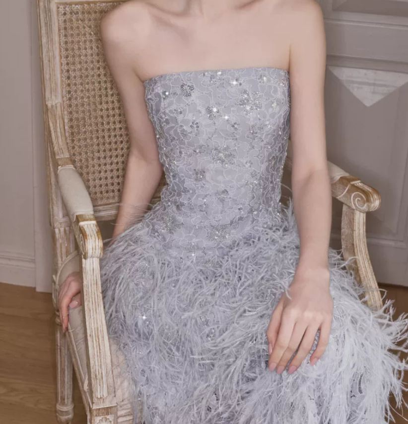Trendy Strapless Blue Prom Dress Sequins Feathers A-Line Evening Dress C9115