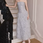 Trendy Strapless Blue Prom Dress Sequins Feathers A-Line Evening Dress C9115