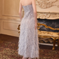 Trendy Strapless Blue Prom Dress Sequins Feathers A-Line Evening Dress C9115