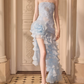 Gorgeous Strapless Blue Prom Dress Handmade Flowers Sequins Slit A-Line Evening Dress C9116