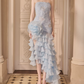 Gorgeous Strapless Blue Prom Dress Handmade Flowers Sequins Slit A-Line Evening Dress C9116