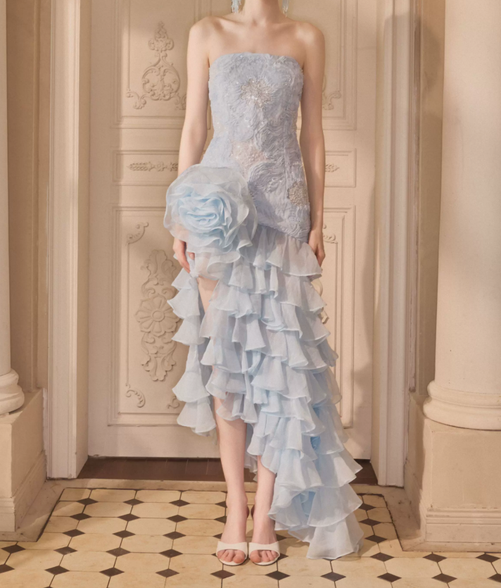 Gorgeous Strapless Blue Prom Dress Handmade Flowers Sequins Slit A-Line Evening Dress C9116