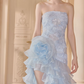 Gorgeous Strapless Blue Prom Dress Handmade Flowers Sequins Slit A-Line Evening Dress C9116