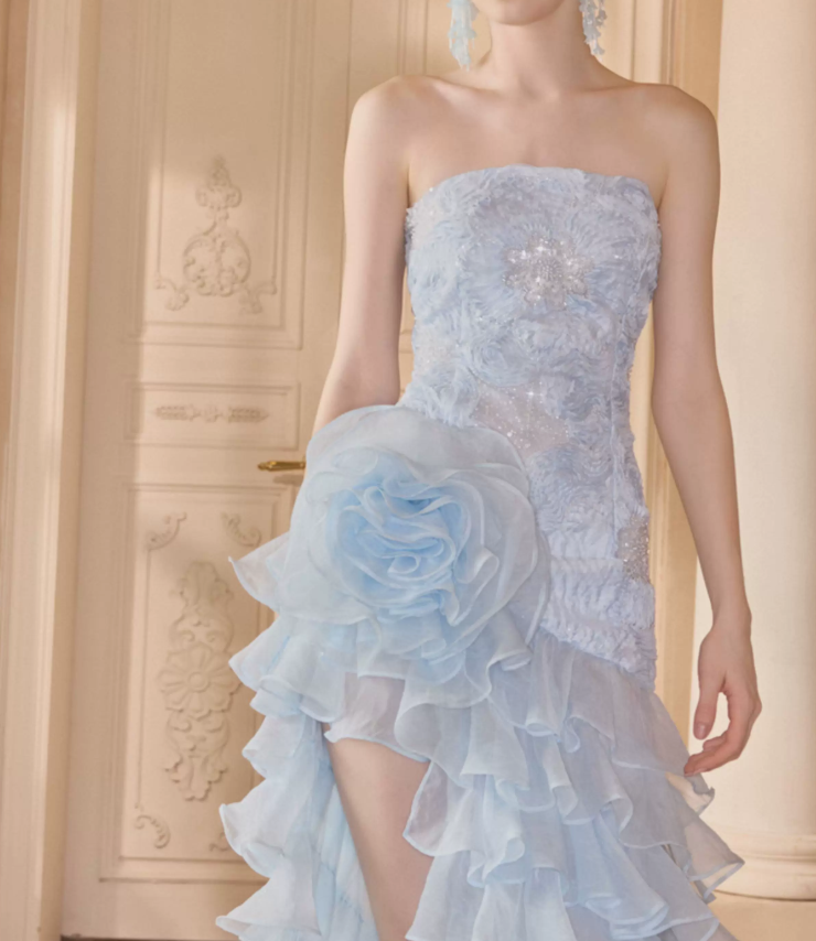 Gorgeous Strapless Blue Prom Dress Handmade Flowers Sequins Slit A-Line Evening Dress C9116