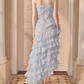 Gorgeous Strapless Blue Prom Dress Handmade Flowers Sequins Slit A-Line Evening Dress C9116
