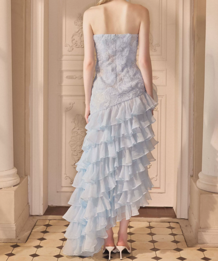Gorgeous Strapless Blue Prom Dress Handmade Flowers Sequins Slit A-Line Evening Dress C9116