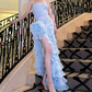 Gorgeous Strapless Blue Prom Dress Handmade Flowers Sequins Slit A-Line Evening Dress C9116