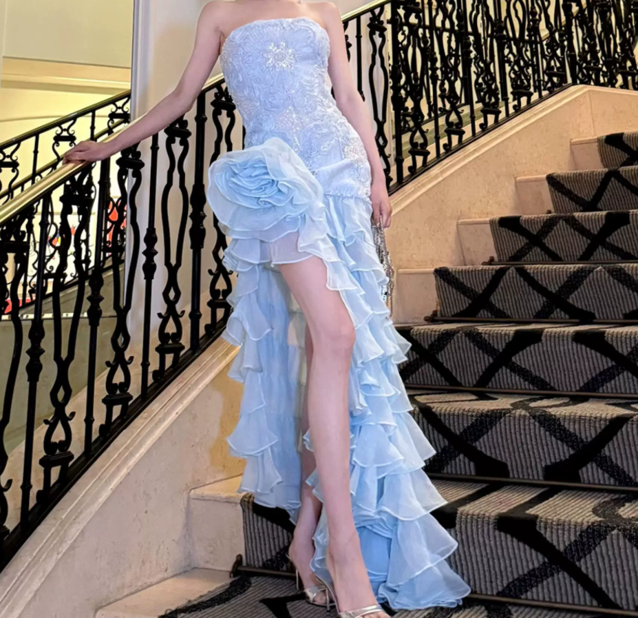 Gorgeous Strapless Blue Prom Dress Handmade Flowers Sequins Slit A-Line Evening Dress C9116