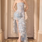 Gorgeous Strapless Blue Prom Dress Handmade Flowers Sequins Slit A-Line Evening Dress C9116