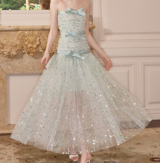 Attractive Strapless Green Prom Dress Sequins Bows A-Line Evening Dress C9117