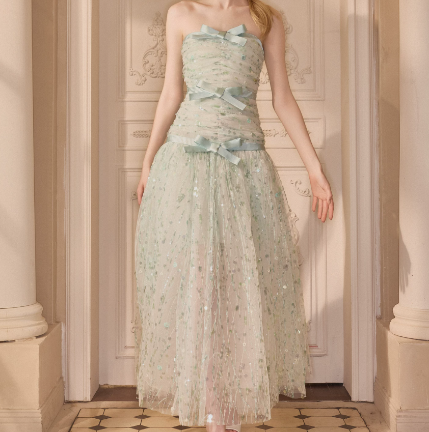 Attractive Strapless Green Prom Dress Sequins Bows A-Line Evening Dress C9117
