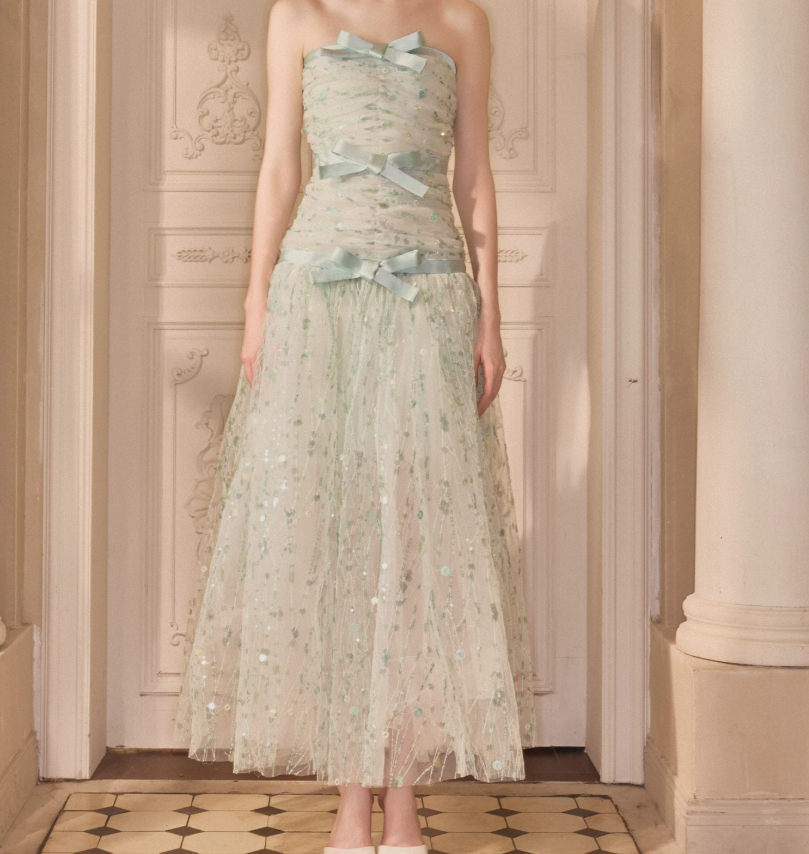 Attractive Strapless Green Prom Dress Sequins Bows A-Line Evening Dress C9117