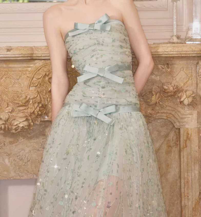 Attractive Strapless Green Prom Dress Sequins Bows A-Line Evening Dress C9117
