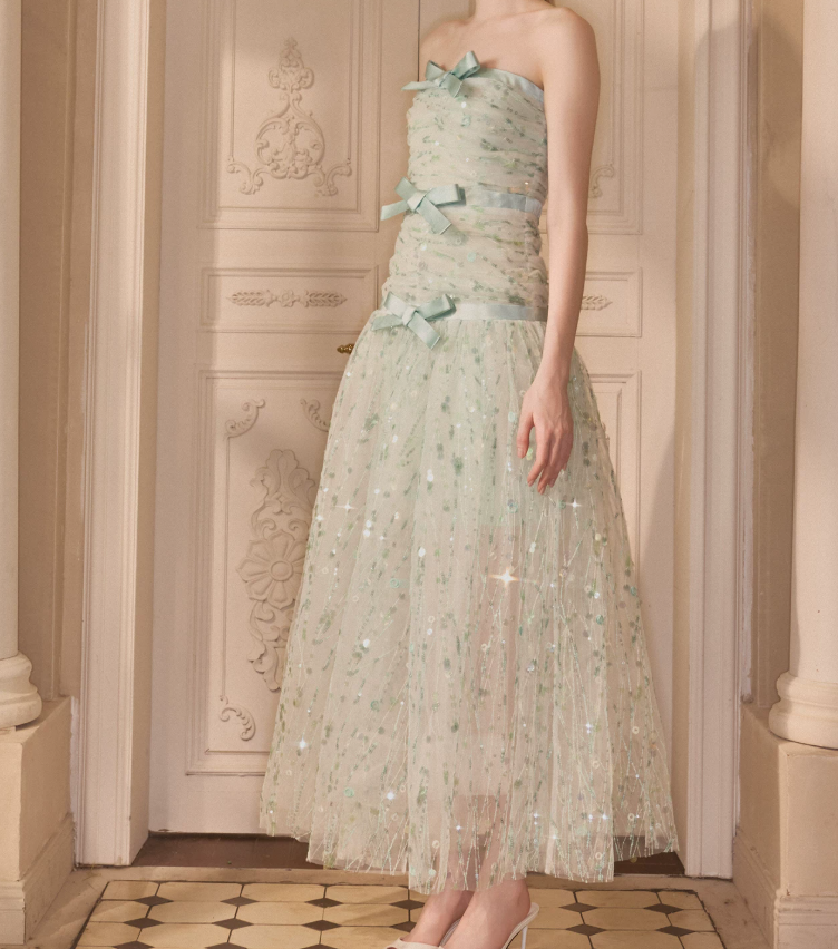 Attractive Strapless Green Prom Dress Sequins Bows A-Line Evening Dress C9117