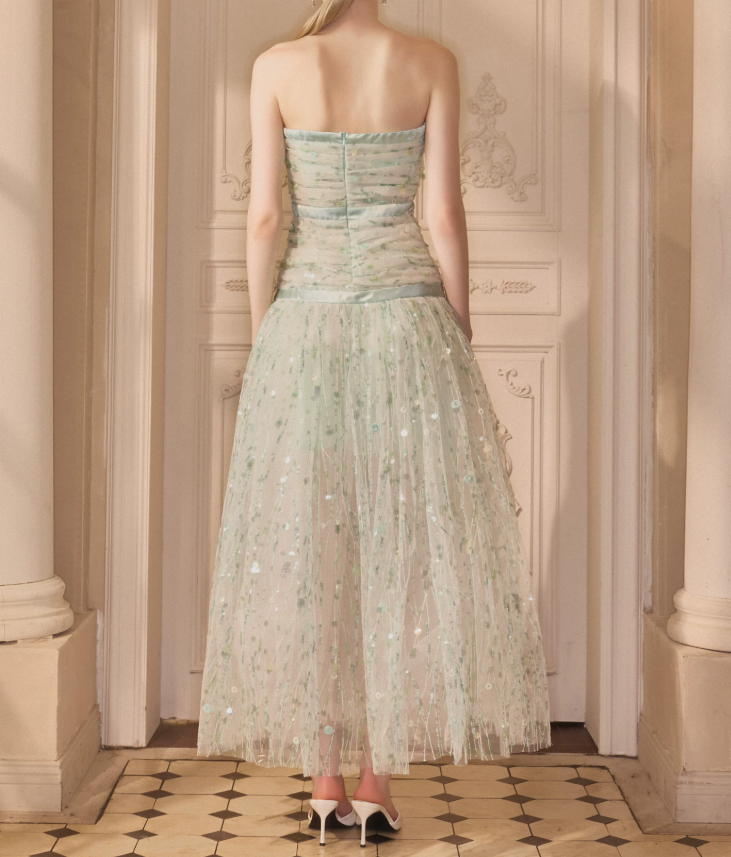 Attractive Strapless Green Prom Dress Sequins Bows A-Line Evening Dress C9117
