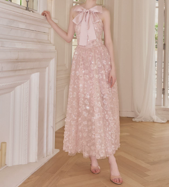 Sleek Spaghetti Straps Pink Prom Dress Sequins Bow A-Line Evening Dress C9118