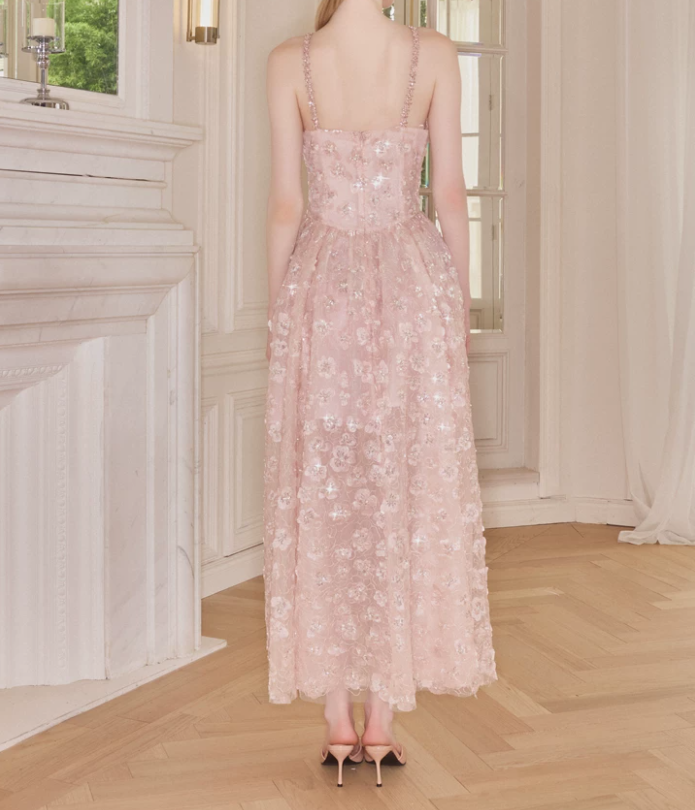 Sleek Spaghetti Straps Pink Prom Dress Sequins Bow A-Line Evening Dress C9118