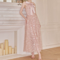 Sleek Spaghetti Straps Pink Prom Dress Sequins Bow A-Line Evening Dress C9118