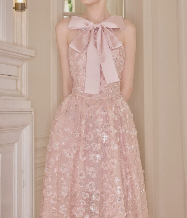Sleek Spaghetti Straps Pink Prom Dress Sequins Bow A-Line Evening Dress C9118