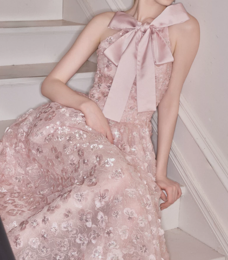 Sleek Spaghetti Straps Pink Prom Dress Sequins Bow A-Line Evening Dress C9118