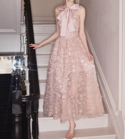 Sleek Spaghetti Straps Pink Prom Dress Sequins Bow A-Line Evening Dress C9118
