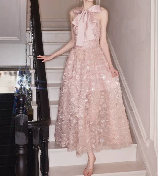 Sleek Spaghetti Straps Pink Prom Dress Sequins Bow A-Line Evening Dress C9118