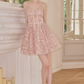 Ornate Spaghetti Straps A-Line Homecoming Dress Pink Sequins Bow Party Dress C9119