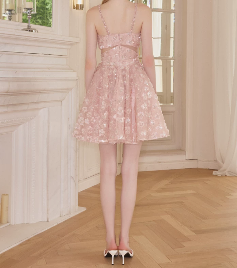 Ornate Spaghetti Straps A-Line Homecoming Dress Pink Sequins Bow Party Dress C9119